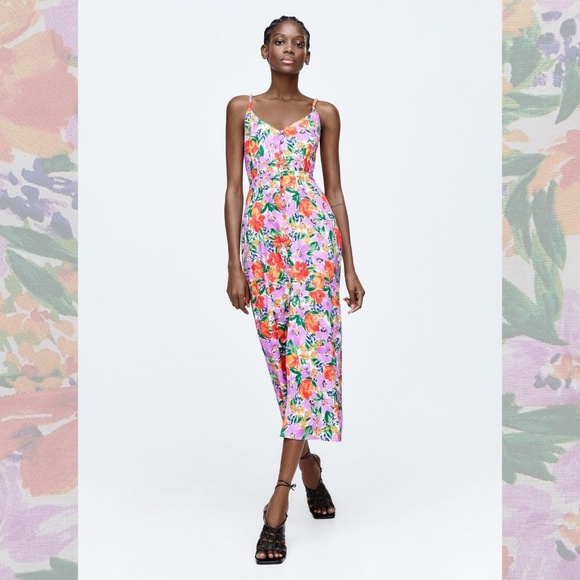 Zara NWT Linen Blend Floral Print Midi Dress - Picture 1 of 11